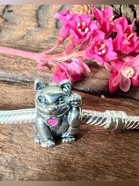 Authentic Pandora Charm Lucky Cat Bead Sterling Silver Kitty Animal Red Enamel